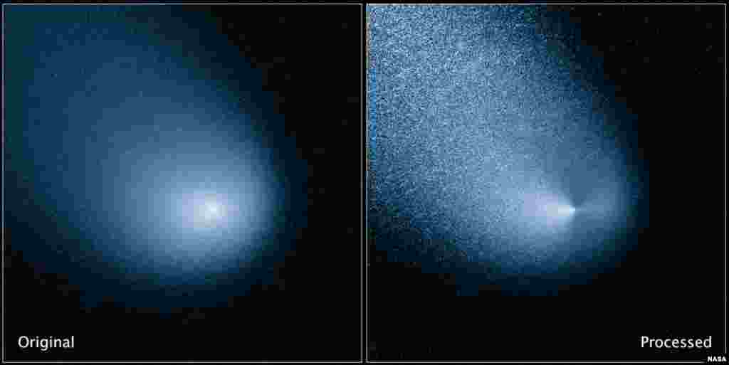 미 항공우주국 허블우주망원경으로 촬영한 혜성 C/2013 A1의 필터링 전(왼쪽) 후 사진. 사이딩스프링으로도 불리는 이 혜성은 지구로부터 3억5천3백만 마일 거리에 떨어져있다.