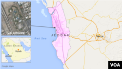 사우디 서부 제다 지도와 미국 영사관 건물 위성사진.