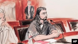 In this courtroom sketch, defendant Haroon Aswat speaks during his guilty plea sentencing in federal court, in New York, March 30, 2015.