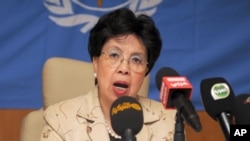 FILE - Margaret Chan, director-general of the World Health Organization, talks to reporters in Gammarth, Tunisia, Oct. 19, 2014.