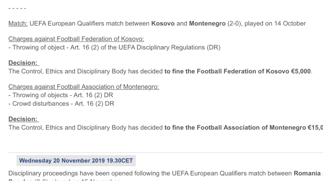 Snimak sa zvaničnog sajta UEFA o kaznama za fudbalske saveze Kosova i Crne Gore