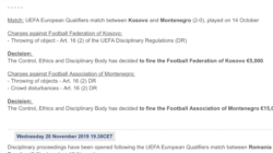 Snimak sa zvaničnog sajta UEFA o kaznama za fudbalske saveze Kosova i Crne Gore