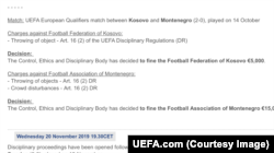 Snimak sa zvaničnog sajta UEFA o kaznama za fudbalske saveze Kosova i Crne Gore