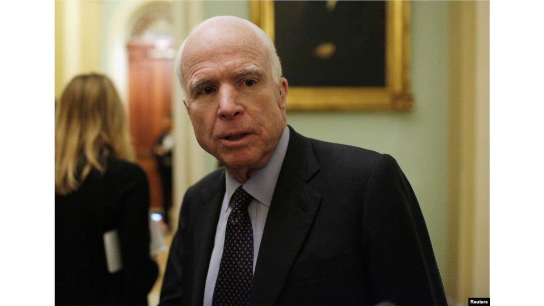 FILE - Senator John McCain, R-Ariz., speaks to reporters on Capitol Hill in Washington, April 6, 2017.
