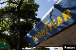 The Goodyear logo is seen at a tire workshop in Caracas, Venezuela, Dec. 10, 2018.