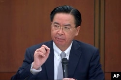 Taiwanese Foreign Minister Joseph Wu speaks during a briefing Wednesday, April 7, 2021, in Taipei, Taiwan.