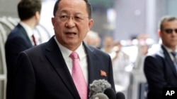 North Korea's Foreign Minister Ri Yong Ho speaks outside the U.N. Plaza Hotel, in New York, Sept. 25, 2017. 