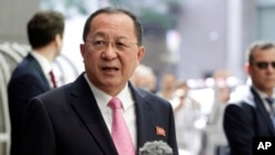 North Korea's Foreign Minister Ri Yong Ho speaks outside the U.N. Plaza Hotel, in New York, Sept. 25, 2017. (AP Photo/Richard Drew)