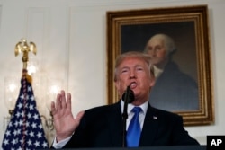 President Donald Trump makes a statement on Iran policy in the Diplomatic Reception Room of the White House, Oct. 13, 2017.