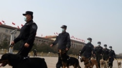 中國兩會期間警察在北京天安門廣場巡邏。（2021年3月8日）