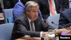Secretary General of the United Nations Antonio Guterres addresses the Security Council at the United Nations Headquarters in New York, Aug. 29, 2018.