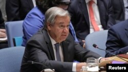 FILE - U.N. Secretary-General Antonio Guterres addresses the Security Council at U.N. headquarters in New York, Aug. 29, 2018.