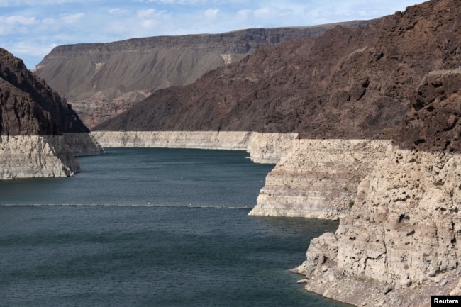 Low water levels due to drought are seen in the Hoover Dam