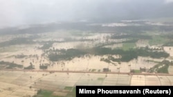 Aerial view shows the flooded area after a dam collapsed in Attapeu province, Laos July 25, 2018 in this still image obtained from a social media video.