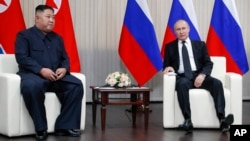 블라디미르 푸틴 러시아 대통령과 김정은 북한 국무위원장이 2019년 4월 블라디보스토크에서 회담했다. (자료사진)