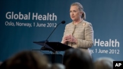 US Secretary of State Hillary Clinton speaks during the Global Health Conference at Oslo City Hall in Oslo, Norway, Friday June 1, 2012.
