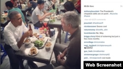 Tổng thống Barack Obama ăn bún chả Hà Nội cùng đầu bếp nổi tiếng trên truyền hình Hoa Kỳ Anthony Bourdain. Ảnh chụp màn hình trang Instagram Anthony Bourdain. 