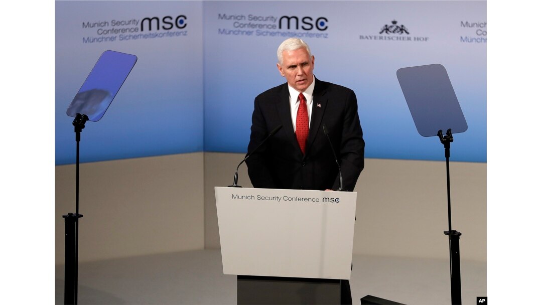 United States Vice President Mike Pence speaks during the Munich Security Conference in Munich, Germany, Feb. 18, 2017. The annual weekend gathering is known for providing an open and informal platform to meet in close quarters.
