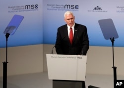 United States Vice President Mike Pence speaks during the Munich Security Conference in Munich, Germany, Feb. 18, 2017. The annual weekend gathering is known for providing an open and informal platform to meet in close quarters.