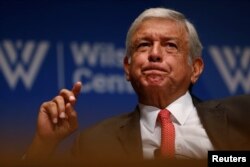FILE - Mexican presidential candidate Andres Manuel Lopez Obrador of the Movement for National Renewal (MORENA) party takes part in an event at the Wilson Center in Washington, Sept. 5, 2017.