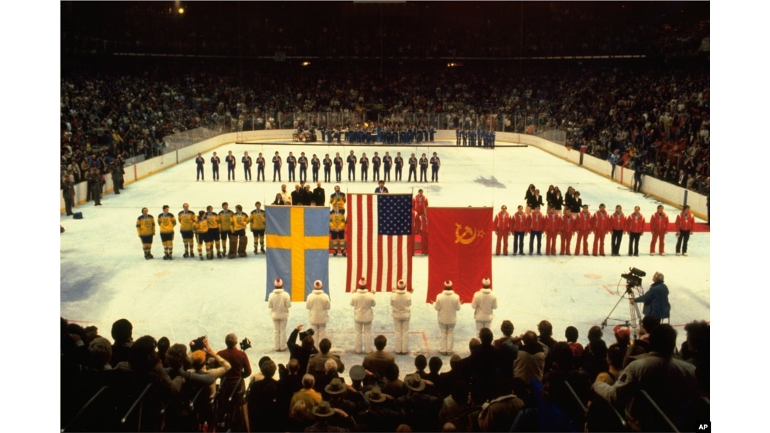 U.S., Swedish, and Soviet teams lined up to receive their Olympic gold, bronze, and silver medals, Lake Placid, N.Y., February 24, 1980.