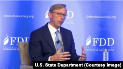 U.S. special representative for Iran, Brian Hook, speaks at a Foundation for Defense of Democracies conference in Washington on August 28, 2018. 