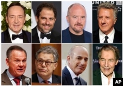 This combination photo shows, top row from left, Kevin Spacey, Brett Ratner, Louis C.K., Dustin Hoffman, and bottom row from left, former Alabama Senate candidate Roy Moore, Sen. Al Franken, D-Minn., former "Today" morning co-host Matt Lauer and former "CBS This Morning" co-host Charlie Rose, all of whom have been accused of sexual misconduct.