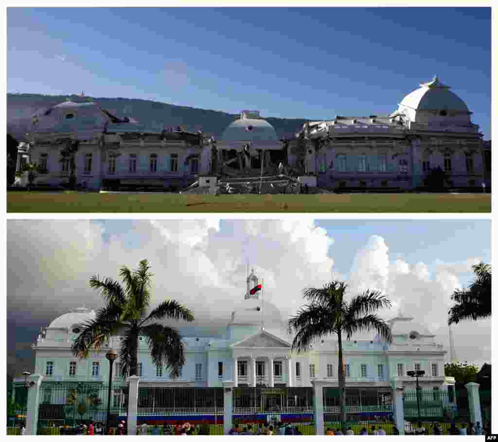 A combination photo shows the presidential palace before (bottom) and after the January 12, 2010 earthquake that struck the Caribbean nation in Port-au-Prince. (Reuters)