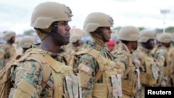 FILE - Somali military officers attend a training program by the United Arab Emirates at their military base in Mogadishu, Somalia, Nov. 1, 2017. 
