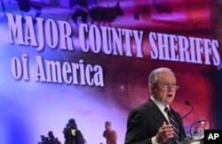 Attorney General Jeff Sessions speaks about violent crime and opioids at the Major County Sheriffs of America 2018 Winter Conference in Washington, Feb. 15, 2018.