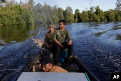 FILE - Conservationists scan a swath of jungle along a river in Sungai Mangkutub, Central Kalimantan, Indonesia, Jan. 5, 2016. The fate of Indonesia’s forests on indigenous lands is also seen by environmentalists as affecting the global climate.
