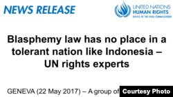 Komisioner Tinggi HAM untuk PBB di Jenewa juga mengeluarkan seruan mendesak pemerintah Indonesia untuk mencabut UU penistaan agama.