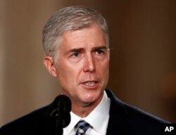 FILE - Judge Neil Gorsuch speaks in the East Room of the White House in Washington, Jan. 31, 2017, after President Donald Trump announced Gorsuch as his nominee for the Supreme Court.