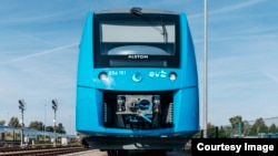 The new Coradia iLint hydrogen-powered train, recently launched as the first of its kind in the world, is seen on the tracks in northern Germany. (René Frampe/Alstom)