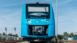 The new Coradia iLint hydrogen-powered train, recently launched as the first of its kind in the world, is seen on the tracks in northern Germany. (René Frampe/Alstom)