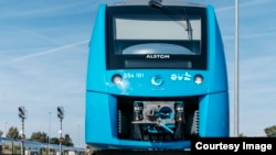 The new Coradia iLint hydrogen-powered train, recently launched as the first of its kind in the world, is seen on the tracks in northern Germany. (René Frampe/Alstom)