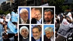 Les six candidats (de g. à dr.): Gharazi, Qalibaf, Rezaei, Rowhani,Velayati,Jalili