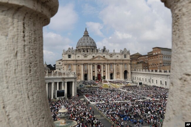 FILE - A view of St. Peter's Square during Easter Mass celebrated by Pope Francis, at the Vatican, April 16, 2017.