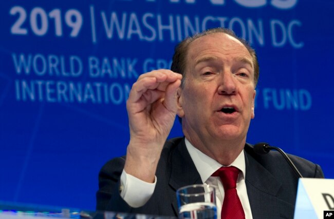 World Bank President David Malpass speaks at a news conference during the World Bank/IMF Spring Meetings in Washington, April 11, 2019.