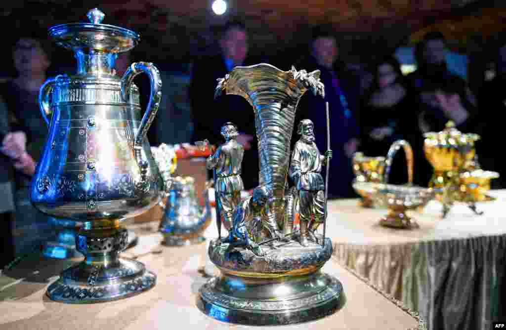 Pieces of treasure that once belonged to the Narshykin aristocratic family are on display during a media event at the Tsarskoye Selo palace museum in Pushkin. Russia. The collection was discovered in 2012 during a restoration of an 18th century mansion in Saint Petersburg.