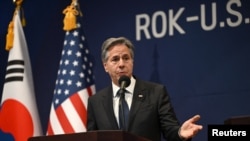 US Secretary of State Antony Blinken speaks during a press conference with in Seoul, South Korea on Nov. 9, 2023. 