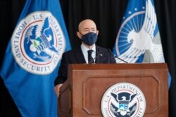 Secretary of Homeland Security Alejandro Mayorkas speaks about aviation security ahead of the summer travel season during a news conference at Ronald Reagan Washington National Airport, May 25, 2021, in Arlington, Va.