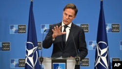 New NATO Secretary General Mark Rutte speaks during a press conference at NATO headquarters in Brussels, Belgium, Oct. 1, 2024.