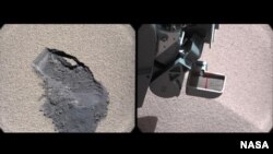 This pair of images shows a "bite mark" where NASA's Curiosity rover scooped up some Martian soil (left), and the scoop carrying soil. The first scoop sample was taken from the "Rocknest" patch of dust and sand on Oct. 7, 2012, the 61st sol, or Martian day.