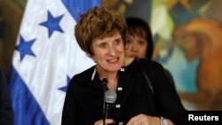 FILE - United Nation Deputy High Commissioner for Human Rights Kate Gilmore during a news conference at the presidential palace in Tegucigalpa, Honduras, Nov. 23, 2016. 