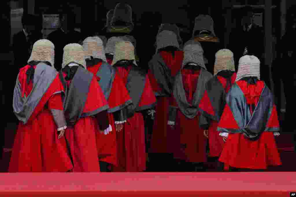 Judges in wigs and robes during the opening ceremony of the legal year at City Hall in Hong Kong.