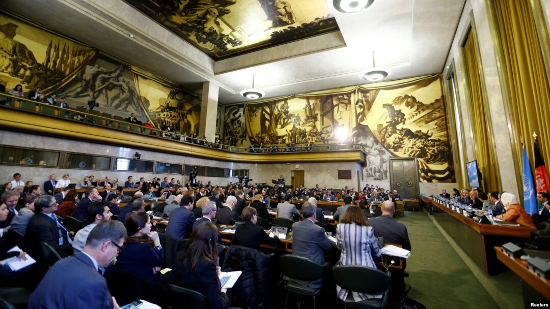 Afghanistan's President Ashraf Ghani attends a two-day conference on Afghanistan at the United Nations in Geneva, Nov. 27, 2018. 