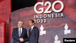 El presidente argentino, Alberto Fernández (izq) saluda a su homólogo indonesio Joko Widodo (der) en la cumbre del G20 en Bali el 15 de noviembre de 2022.