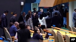 Delegates leave the General Assembly as Israeli Prime Minister Benjamin Netanyahu speaks at the 79th session of the United Nations General Assembly on September 27, 2024.