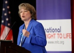 FILE - Carol Tobias, president of National Right to Life, speaks at the national convention before introducing featured speaker Gov. Rick Perry, June 27, 2013, in Grapevine, Texas.